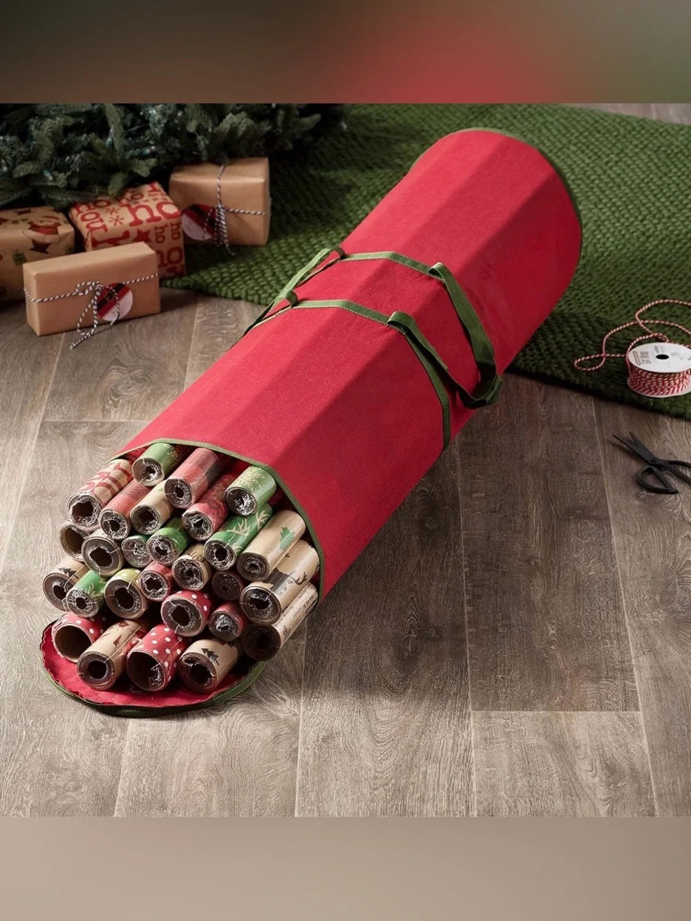 Holiday Red Gift Wrap Storage Bag with Green Handles
